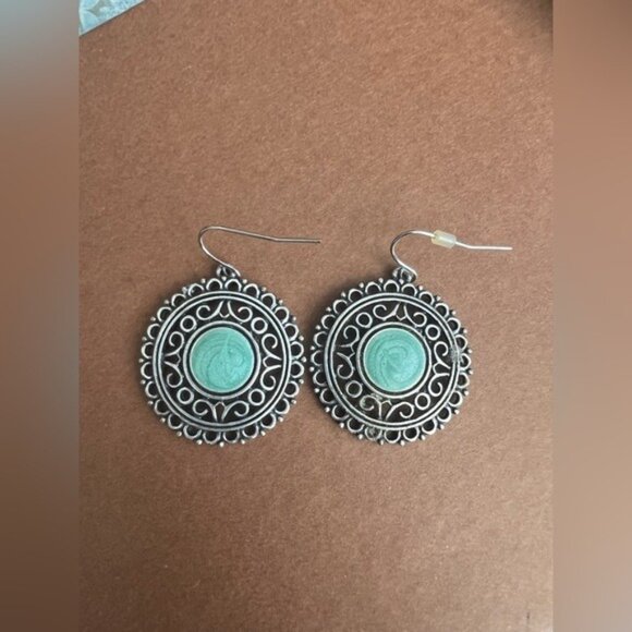 Boho Silver Filigree Turquoise Medallion Earrings Vintage Style Dangle 2” - Picture 1 of 3